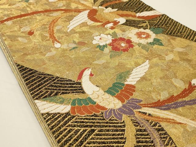 平和屋着物◎六通柄袋帯 唐織 尾長鳥花文 黒地 金糸 正絹 逸品 AAAR8496ou