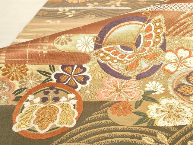 平和屋着物◎六通柄袋帯 唐織 霞取り花蝶丸文 金糸 正絹 逸品 AAAR8856pf