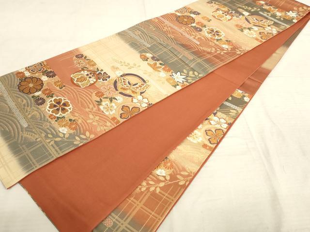 平和屋着物◎六通柄袋帯 唐織 霞取り花蝶丸文 金糸 正絹 逸品 AAAR8856pf