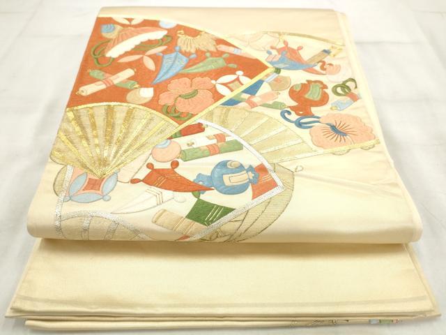 平和屋着物◎太鼓柄袋帯 総刺繍 駒刺繍 扇面宝尽くし 金糸 正絹 逸品 AAAS1356hg