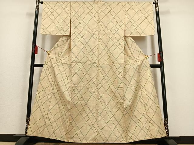 平和屋着物▽上質な紬 単衣 変わり格子 正絹 逸品 AAAS1498oa
