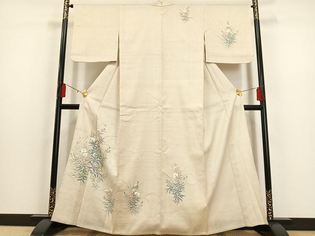 平和屋着物▽上質な紬 単衣 手描き 草花文 正絹 逸品 AAAS1499oa