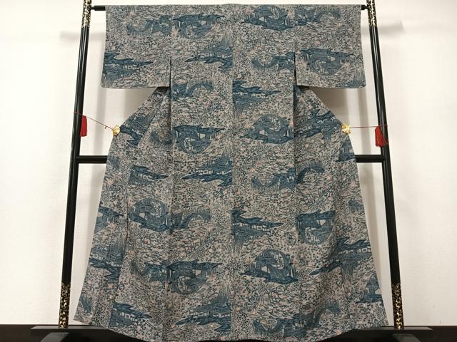 平和屋着物▽上質な小紋 単衣 風景草花文 鬼しぼ縮緬 正絹 逸品 AAAS1505oa