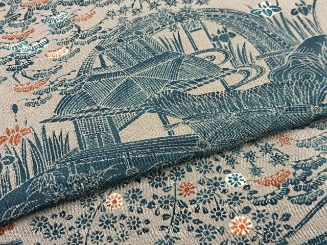 平和屋着物▽上質な小紋 単衣 風景草花文 鬼しぼ縮緬 正絹 逸品 AAAS1505oa