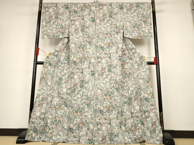 平和屋着物▽上質な小紋 単衣 短冊花鳥文 金彩 鬼しぼ縮緬 ロング丈 正絹 逸品 未使用 AAAS3062iu