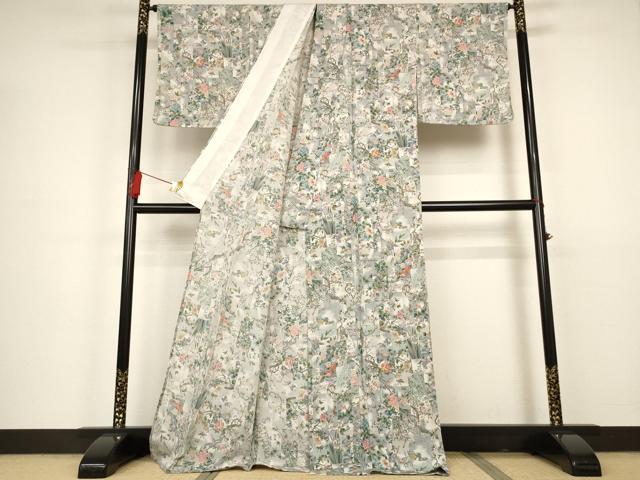 平和屋着物▽上質な小紋 単衣 短冊花鳥文 金彩 鬼しぼ縮緬 ロング丈 正絹 逸品 未使用 AAAS3062iu