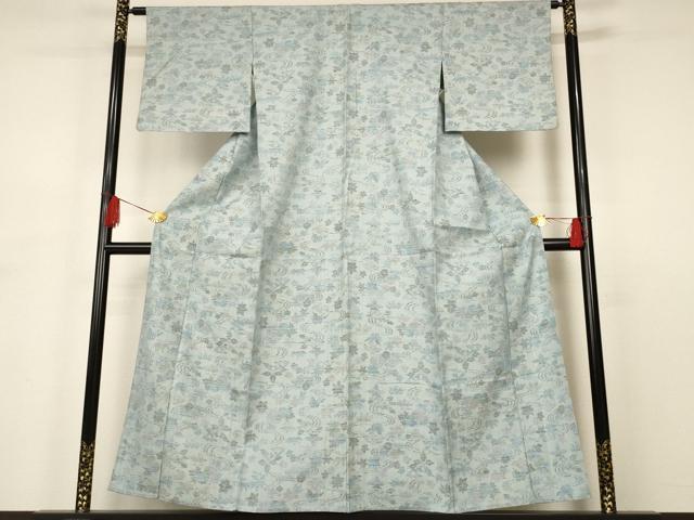 平和屋着物▽上質な紬 単衣 流水草花文 正絹 逸品 AAAS3067iu