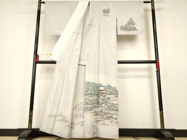 平和屋着物▽京友禅の巨匠・頼田勉 臈纈染手描友禅 本場染大島紬 訪問着 単衣 手描き 風景文 暈し染め 正絹 逸品 AAAS3087iu