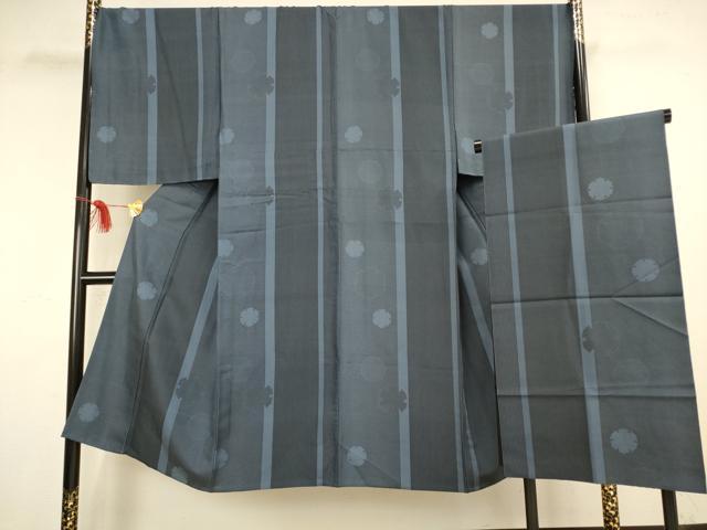 平和屋着物▽男性 小紋 単衣 雪輪間道 反端付き 正絹 逸品 未使用 AAAS4939fy