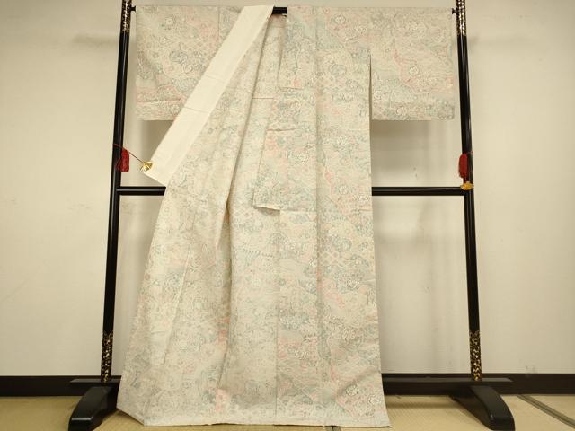 平和屋着物▽上質な小紋 単衣 紬地 辻が花 ロング丈 正絹 逸品 AAAS4952fy