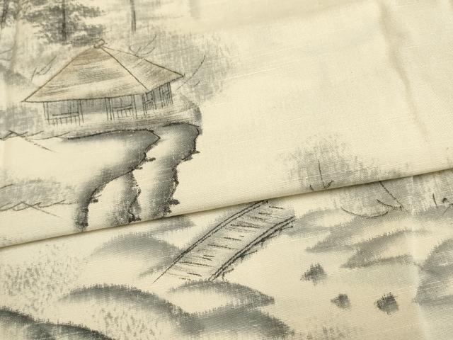 平和屋着物▽結城紬 訪問着 単衣 作家物 手描き 風景文 金彩 証紙付き 正絹 逸品 AAAS4972fy