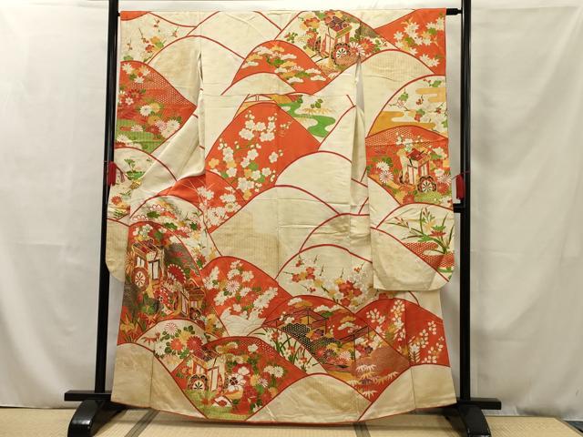 平和屋着物□豪華振袖 駒刺繍 御所車草花文 金彩 金通し地 正絹