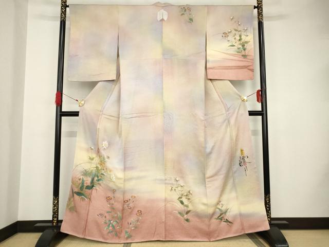 平和屋着物●紙芸創作者・横山優 和紙 訪問着 草花文 暈し染め 正絹 逸品 未使用 AAAS6678ck