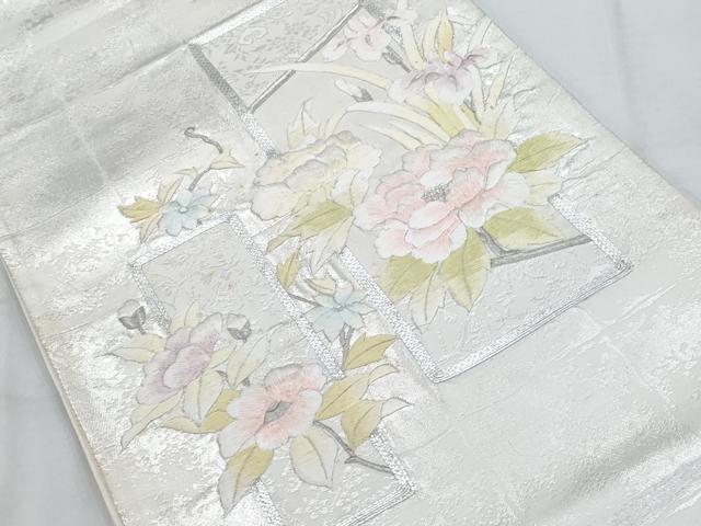 平和屋着物◎太鼓柄袋帯 駒刺繍 色紙花文 銀糸 正絹 逸品 AAAS8584cx
