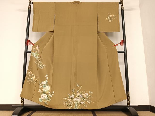 平和屋着物●訪問着 友禅 刺繍 草花文 金糸 鬼しぼ縮緬 正絹 逸品 AAAT0548zg