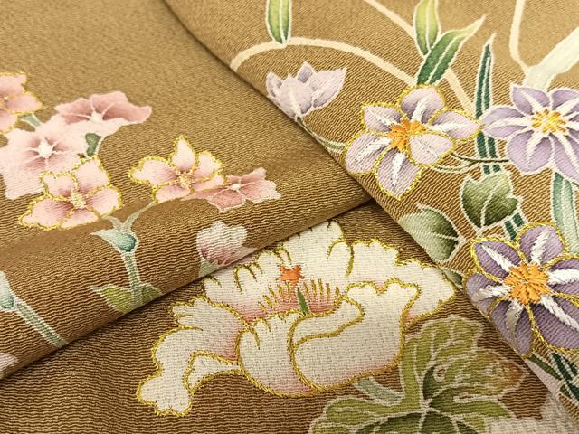 平和屋着物●訪問着 友禅 刺繍 草花文 金糸 鬼しぼ縮緬 正絹 逸品 AAAT0548zg