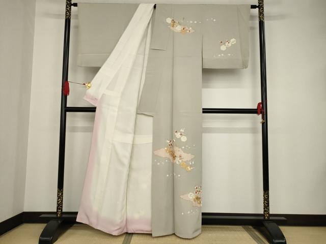 平和屋着物●銀座きしや 訪問着 駒刺繍 雪輪草花文 金彩 正絹 逸品 AAAT0857ck