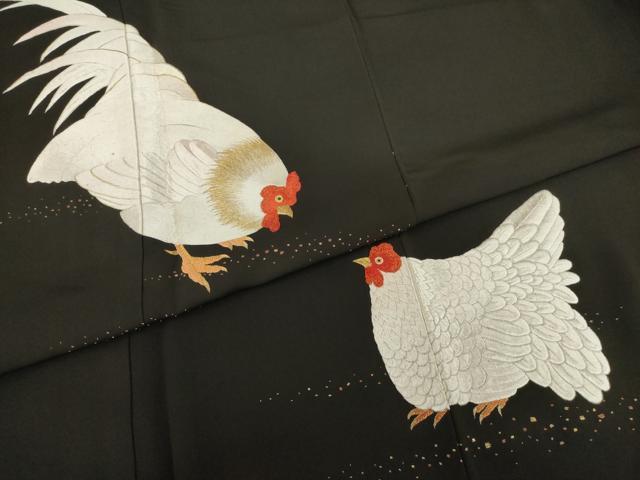 平和屋着物●京縫 月聖子 黒留袖 手刺繍 鶏 金銀糸 金彩 正絹 逸品 AAAT2251ck