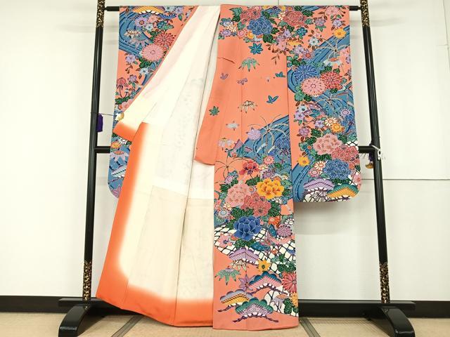 平和屋着物●紅型 振袖 流水花蝶文 鬼しぼ縮緬 正絹 逸品 AAAT3041np