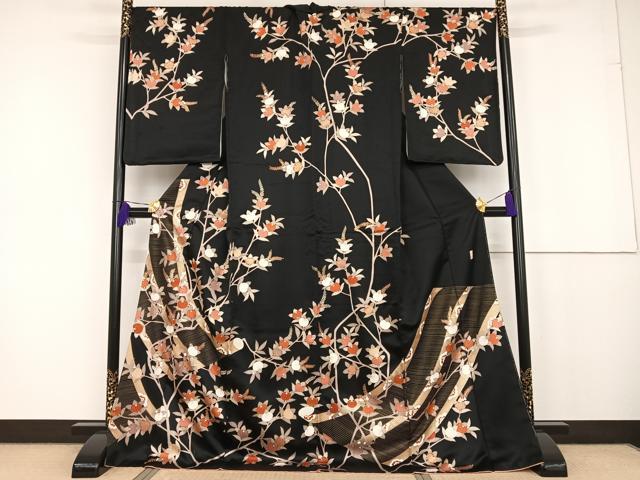 平和屋着物●十日町老舗ブランド 吉澤友禅 吾妻徳穂 訪問着 駒刺繍 橘簾文 黒地 金彩 正絹 逸品 AAAT3096np