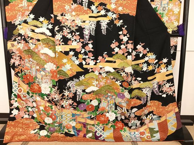 平和屋着物●豪華振袖 友禅 幔幕御所車草花文 黒地 金糸 金彩 正絹 逸品 AAAT3148np