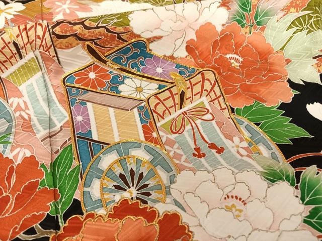 平和屋着物●豪華振袖 友禅 幔幕御所車草花文 黒地 金糸 金彩 正絹 逸品 AAAT3148np