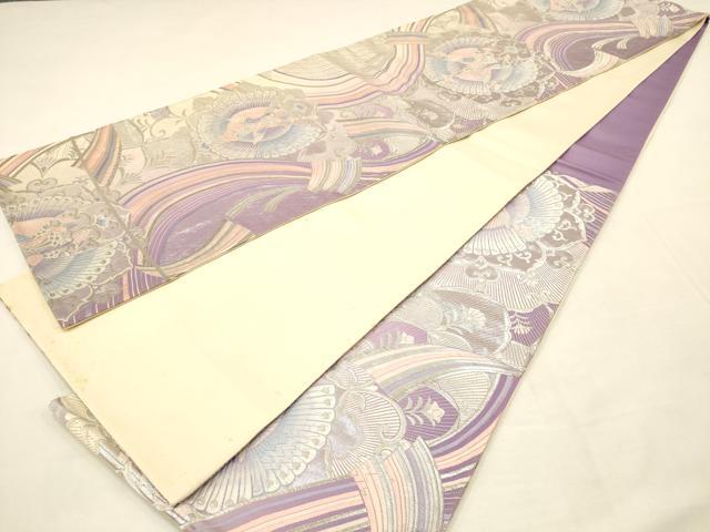 平和屋本店●六通柄袋帯 唐織 熨斗孔雀文 銀糸 正絹 逸品 AAAT3555ay