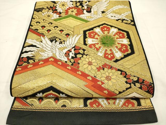 平和屋本店●六通柄袋帯 亀甲花文 鳳凰 松皮菱 黒地 金銀糸 正絹 逸品 AAAT3563ay