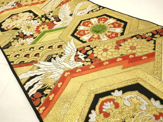 平和屋本店●六通柄袋帯 亀甲花文 鳳凰 松皮菱 黒地 金銀糸 正絹 逸品 AAAT3563ay