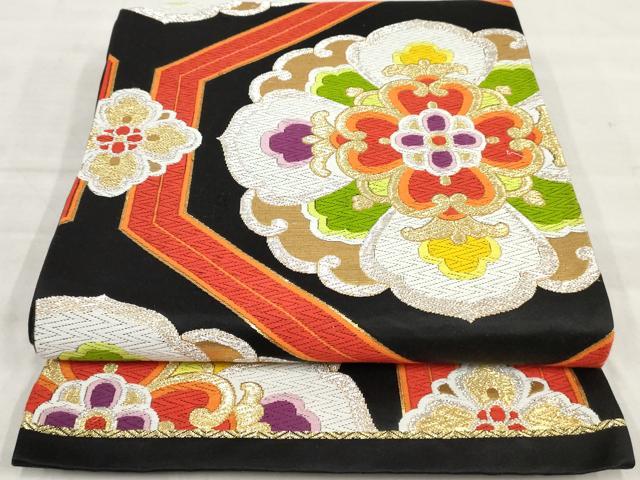 平和屋着物◎六通柄袋帯 唐織 正倉院花文 黒地 金銀糸 正絹 逸品 AAAT3663sg