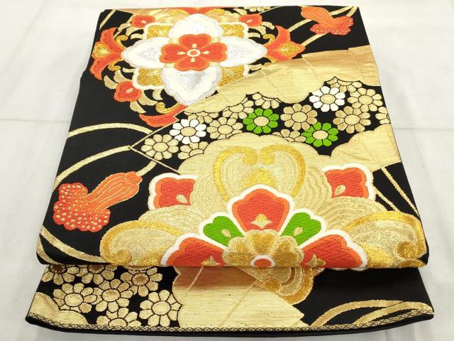 平和屋着物◎六通柄袋帯 唐織 檜扇花文 黒地 金銀糸 正絹 逸品 AAAT3677sg