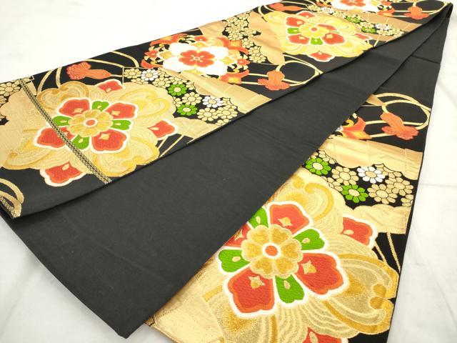 平和屋着物◎六通柄袋帯 唐織 檜扇花文 黒地 金銀糸 正絹 逸品 AAAT3677sg
