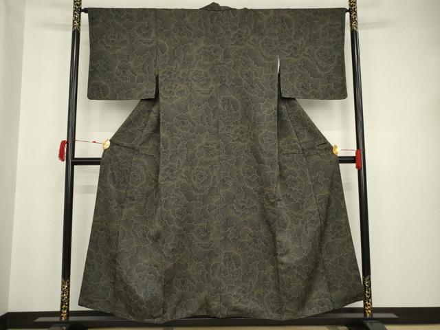 平和屋着物●上質な小紋 牡丹 黒地 正絹 逸品 AAAT5112ck