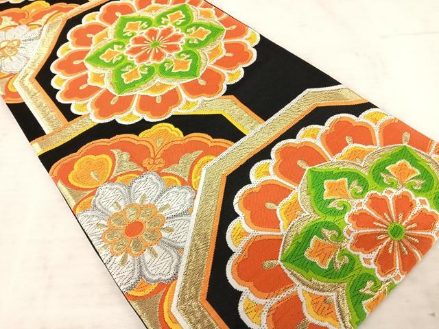 平和屋着物◎西陣 六通柄袋帯 唐織 正倉院花文 黒地 金銀糸 正絹 逸品 AAAT6056yx