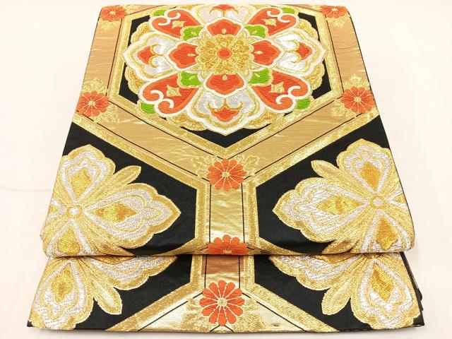 平和屋着物◎六通柄袋帯 唐織 正倉院花文 黒地 金銀糸 正絹 逸品 AAAT6157yx