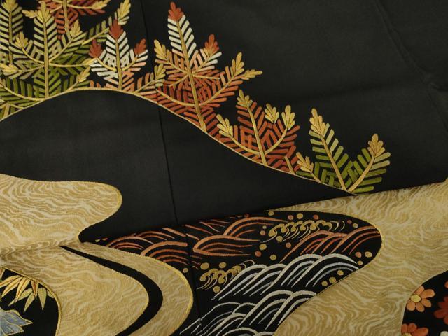 平和屋着物●豪華黒留袖 総刺繍 流水樹林文 金糸 正絹 逸品 AAAT6612ck