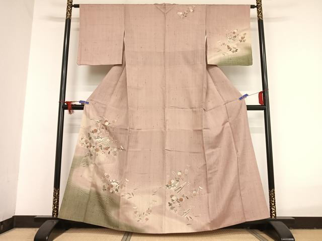 平和屋着物●訪問着 生紬地 風景文 暈し染め 金彩 正絹 逸品 AAAU0019np