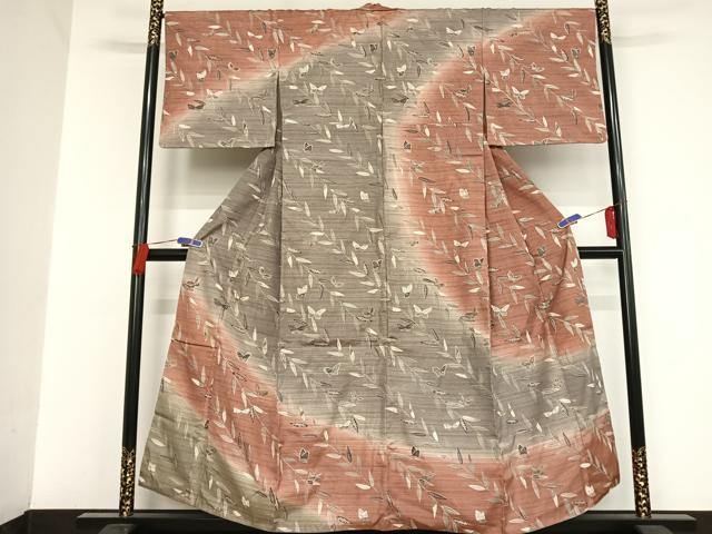 平和屋着物●訪問着 紬地 駒刺繍 舞蝶笹文 金糸 金彩 正絹 逸品 AAAU0028np