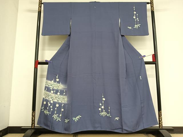 平和屋着物●名門・上野家 上野街子 清染居 訪問着 紬地 松竹梅 杜若色 正絹 逸品 AAAU0042np