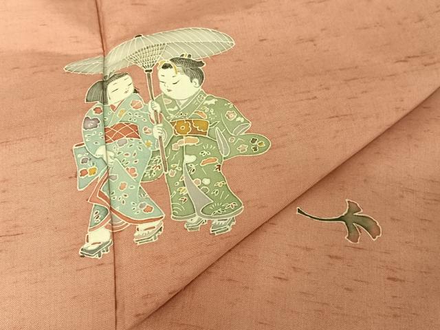 平和屋着物●色留訪問着 友禅 紬地 童子 正絹 逸品 AAAU0107np