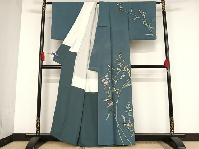 平和屋着物●加賀友禅の巨匠 初代 由水十久 訪問着 草花文 暈し染め 鉄納戸色地 正絹 逸品 AAAU0232np