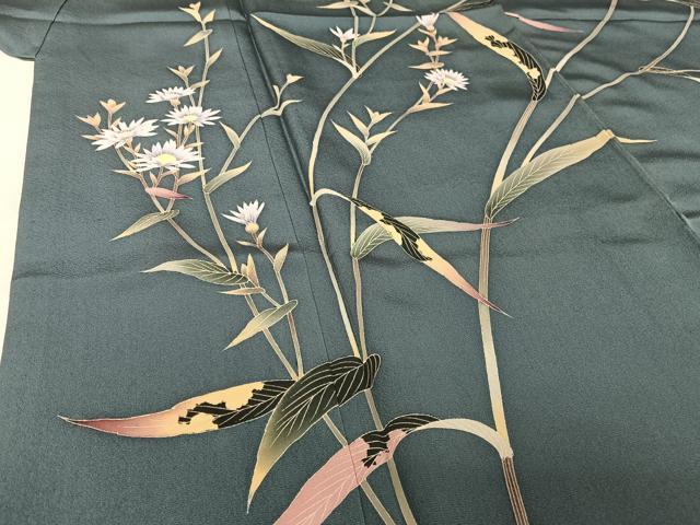 平和屋着物●加賀友禅の巨匠 初代 由水十久 訪問着 草花文 暈し染め 鉄納戸色地 正絹 逸品 AAAU0232np