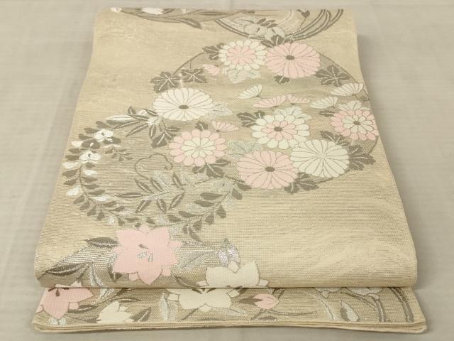 平和屋着物*夏物 六通柄袋帯 草花文 銀糸 正絹 逸品 AAAU0517pf
