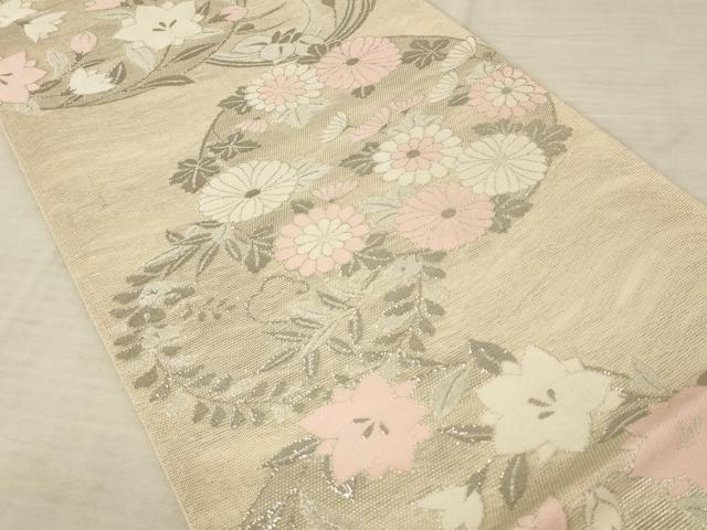 平和屋着物*夏物 六通柄袋帯 草花文 銀糸 正絹 逸品 AAAU0517pf