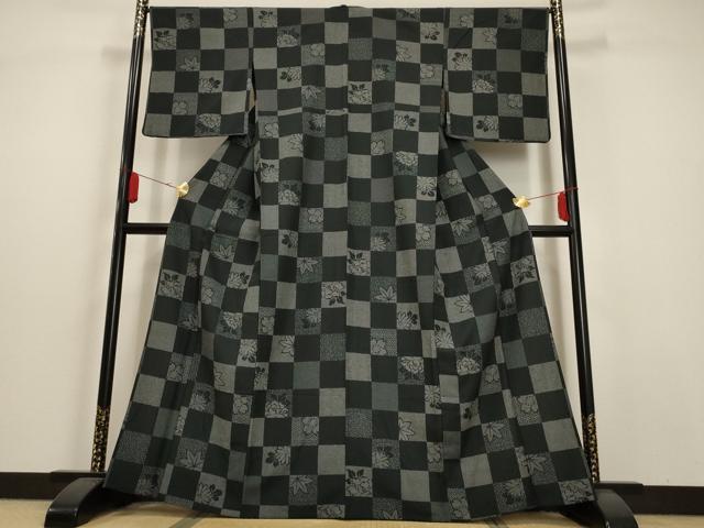 平和屋着物▽小紋 単衣 市松草花文 黒地 洗える着物 AAAU1160iu