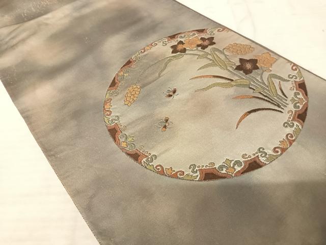 平和屋着物◎太鼓柄袋帯 蛍 草花文 銀糸 正絹 逸品 AAAU3057yx