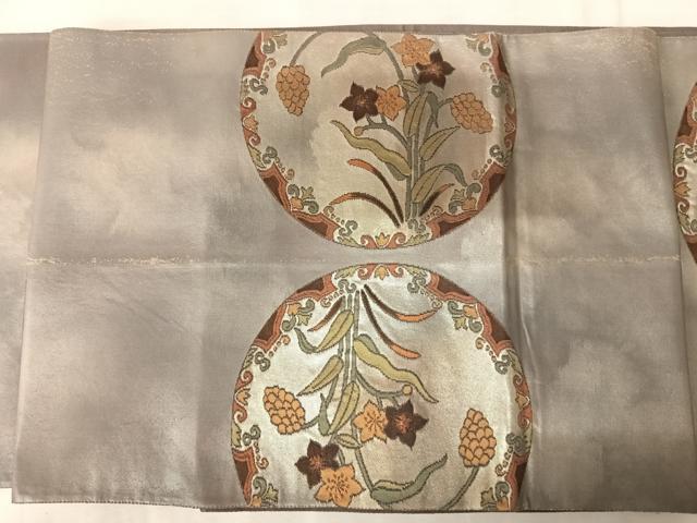 平和屋着物◎太鼓柄袋帯 蛍 草花文 銀糸 正絹 逸品 AAAU3057yx