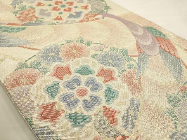 平和屋着物◎六通柄袋帯 孔雀花華文 金糸 正絹 逸品 AAAU5116sx