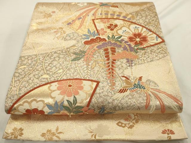 平和屋着物◎六通柄袋帯 唐織 扇面鳳凰花蝶文 金糸 正絹 逸品 AAAU5121sx