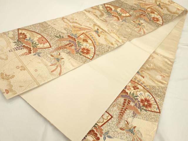 平和屋着物◎六通柄袋帯 唐織 扇面鳳凰花蝶文 金糸 正絹 逸品 AAAU5121sx